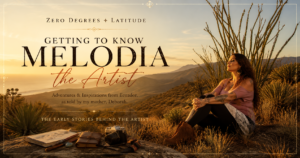 Zero Degrees Latitude featured image for "Getting to Know Melodia the Artist," depicting Melodia seated in a golden desert landscape with a journal, sketchbook, and camera, symbolizing the creative roots, inspiration, and artistic journey that would later shape Melodia Designs.