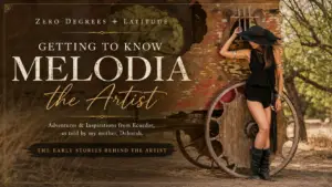 Getting to Know Melodia the Artist featured image showing Melodia beside a rustic wooden wagon in the desert, introducing Deborah Medley's reflections on Melodia's childhood, creativity, and artistic inspiration.