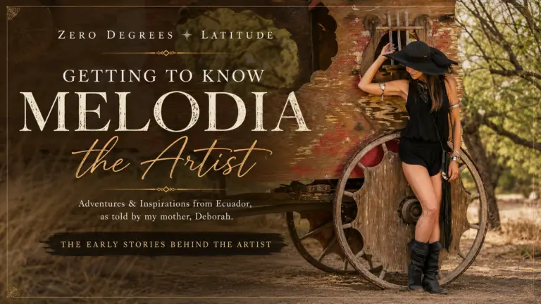 Getting to Know Melodia the Artist featured image showing Melodia beside a rustic wooden wagon in the desert, introducing Deborah Medley's reflections on Melodia's childhood, creativity, and artistic inspiration.