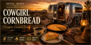 Detox Retox Cowgirl Cornbread featured image showcasing golden cast iron cornbread at a desert campsite with a campfire, cowboy coffee, lantern, and Airstream Bambi trailer, celebrating rustic comfort food and life on the open road.