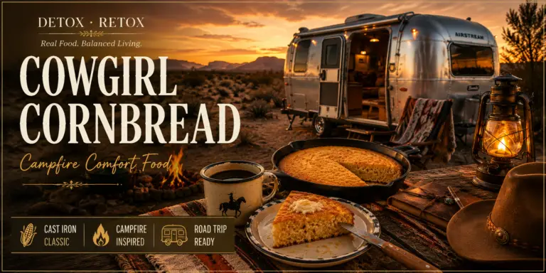 Detox Retox Cowgirl Cornbread featured image showcasing golden cast iron cornbread at a desert campsite with a campfire, cowboy coffee, lantern, and Airstream Bambi trailer, celebrating rustic comfort food and life on the open road.