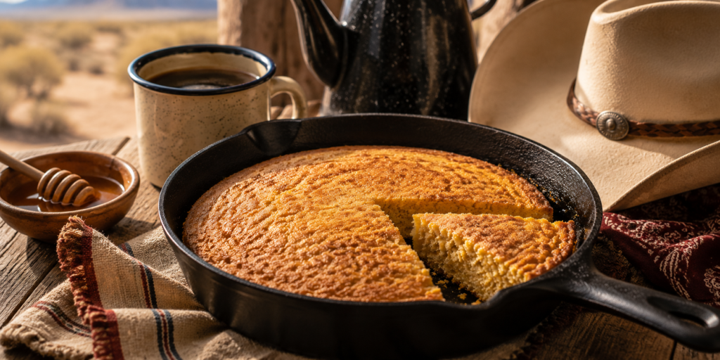 Golden cast iron cowgirl cornbread served beside honey, coffee, and a weathered cowboy hat, capturing the warmth of campfire cooking, rustic comfort, and everyday adventure.