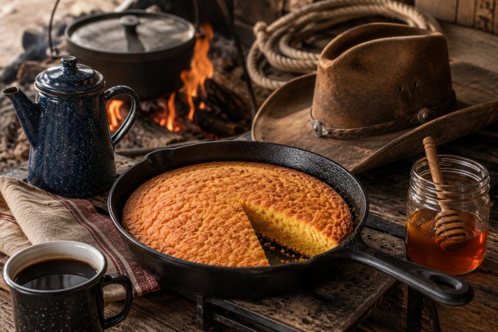 Golden skillet cowgirl cornbread cooling beside a campfire with a coffee pot, honey jar, and weathered cowboy hat, evoking the warmth of camp cooking and life on the open road.