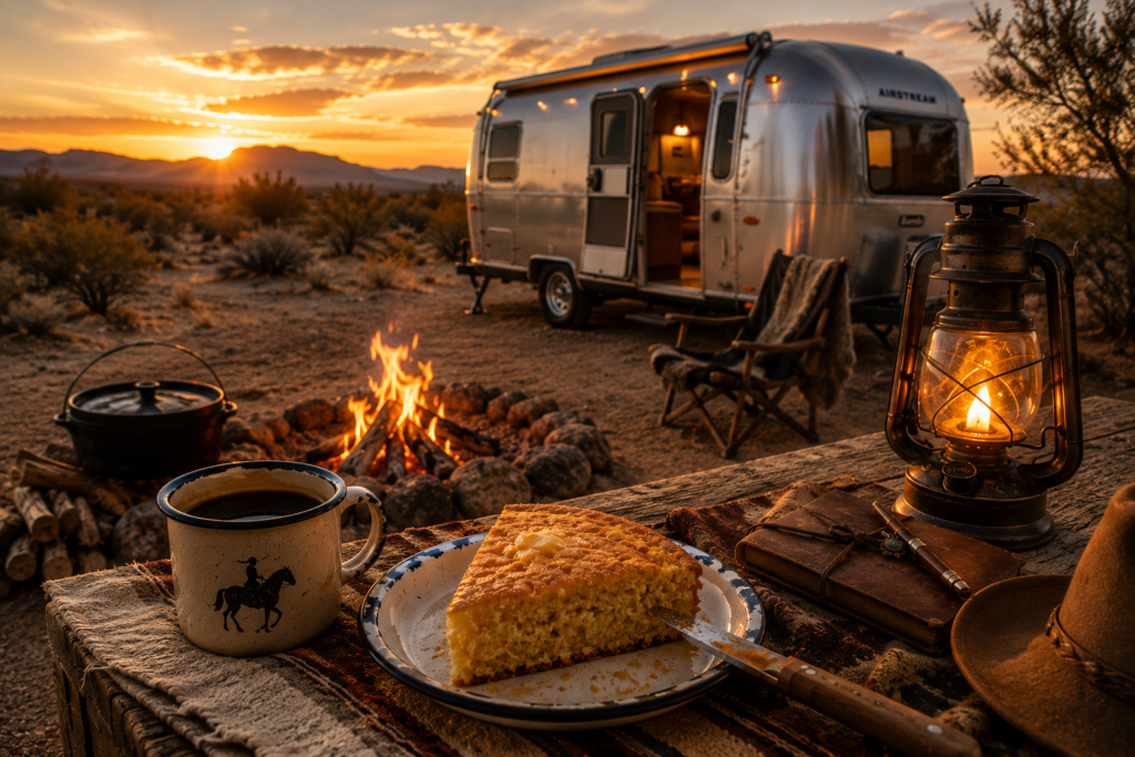 Slice of homemade cornbread beside cowboy coffee and a glowing lantern at a desert campsite, with a vintage Airstream Bambi trailer and campfire creating a warm atmosphere of comfort, adventure, and life on the open road.