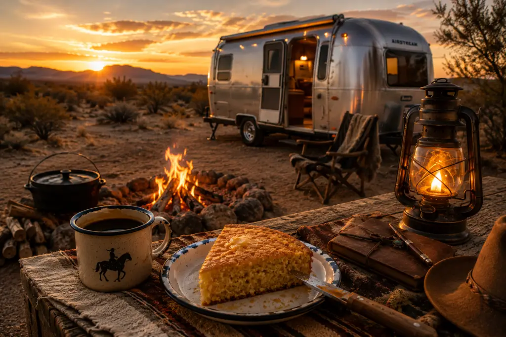 Slice of homemade cornbread beside cowboy coffee and a glowing lantern at a desert campsite, with a vintage Airstream Bambi trailer and campfire creating a warm atmosphere of comfort, adventure, and life on the open road.
