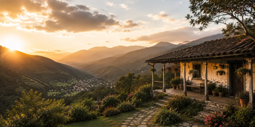 Humble Ecuadorian mountain home bathed in golden evening light, overlooking a lush valley and symbolizing family, tradition, and the enduring stories of Casa De Roy.