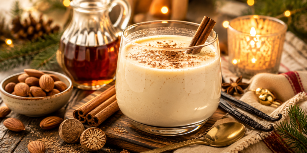 Creamy homemade raw nog garnished with cinnamon and nutmeg, surrounded by almonds, vanilla beans, maple syrup, and holiday candlelight, creating a cozy seasonal wellness ritual.