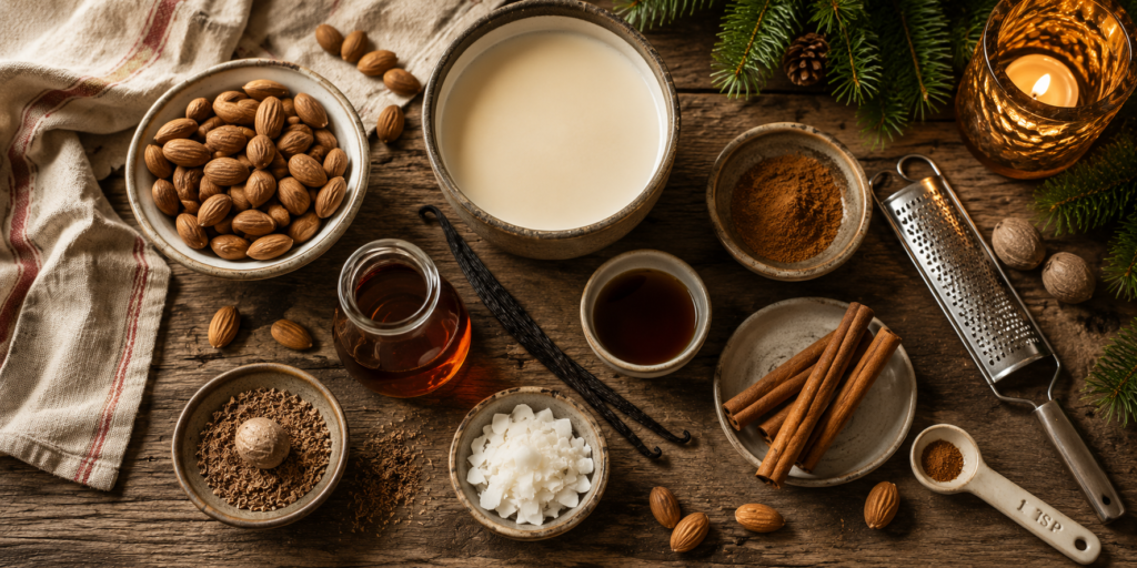 Creamy homemade raw nog garnished with cinnamon and nutmeg, surrounded by almonds, vanilla beans, maple syrup, and holiday candlelight, creating a cozy seasonal wellness ritual.