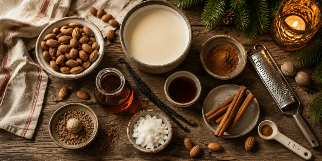 Creamy homemade raw nog garnished with cinnamon and nutmeg, surrounded by almonds, vanilla beans, maple syrup, and holiday candlelight, creating a cozy seasonal wellness ritual.