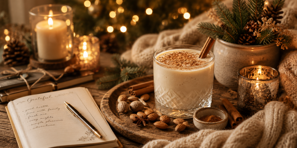 Creamy raw nog served beside candlelight, a journal, cozy knit blankets, and holiday greenery, creating a warm seasonal ritual of reflection, comfort, and nourishment.