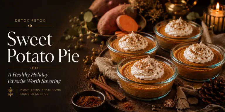 Individual Healthy Sweet Potato Pies baked in classic Pyrex custard cups, topped with whipped coconut cream and cinnamon, celebrating simple holiday traditions, seasonal nourishment, and homemade comfort.