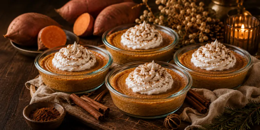 Healthy sweet potato pies baked in individual Pyrex custard cups, garnished with whipped coconut cream and cinnamon, styled with roasted sweet potatoes for a cozy holiday dessert.
