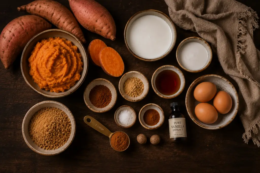 Rustic flat lay of wholesome ingredients for healthy sweet potato pie, featuring fresh sweet potatoes, eggs, coconut milk, pumpkin pie spice, cinnamon, vanilla, and natural sweeteners ready for baking.