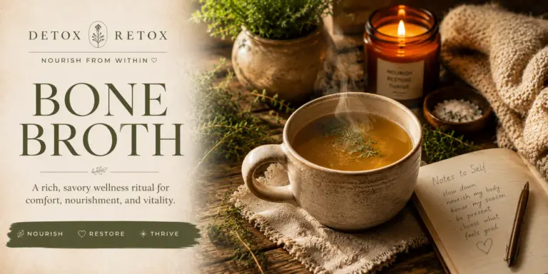 Detox Retox Bone Broth featured image showing a steaming mug of golden bone broth beside candlelight, fresh herbs, and a wellness journal, celebrating nourishment, comfort, and everyday vitality.