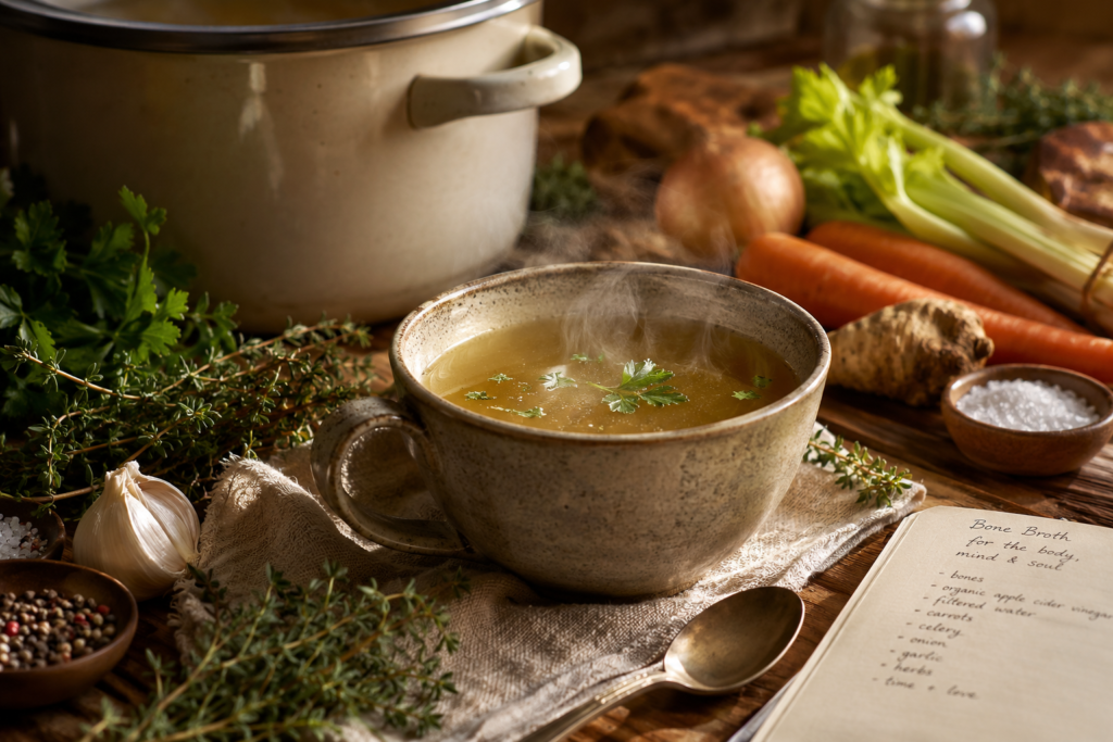 Warm mug of nourishing bone broth with fresh herbs, vegetables, and rustic kitchen ingredients, capturing a simple wellness ritual that supports comfort, vitality, and everyday nourishment.