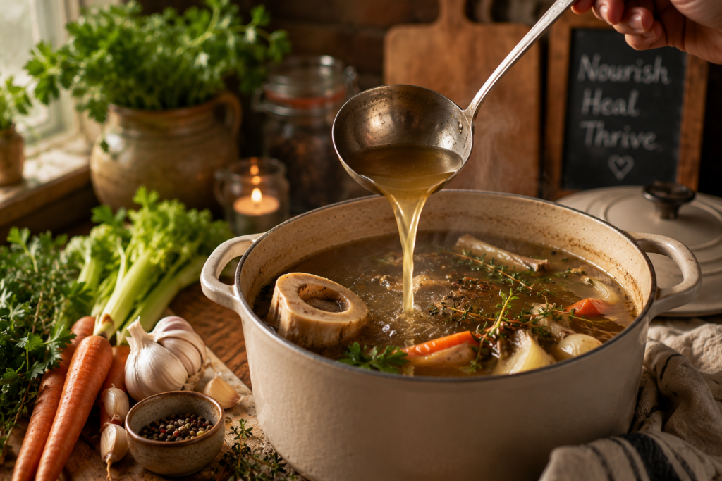 Golden bone broth being ladled into a rustic stockpot surrounded by fresh herbs, garlic, carrots, celery, and marrow bones, capturing the slow-cooked process behind this nourishing wellness elixir.