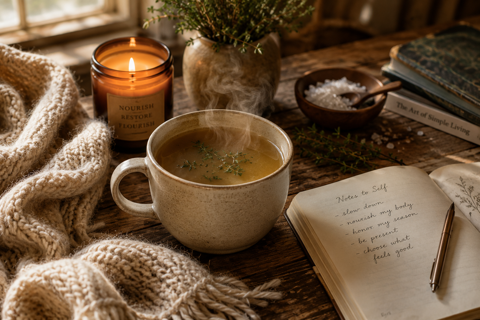 Steaming mug of nourishing bone broth beside a glowing candle, open journal, fresh herbs, and a cozy knit blanket, creating a warm wellness ritual focused on comfort, restoration, and mindful self-care.