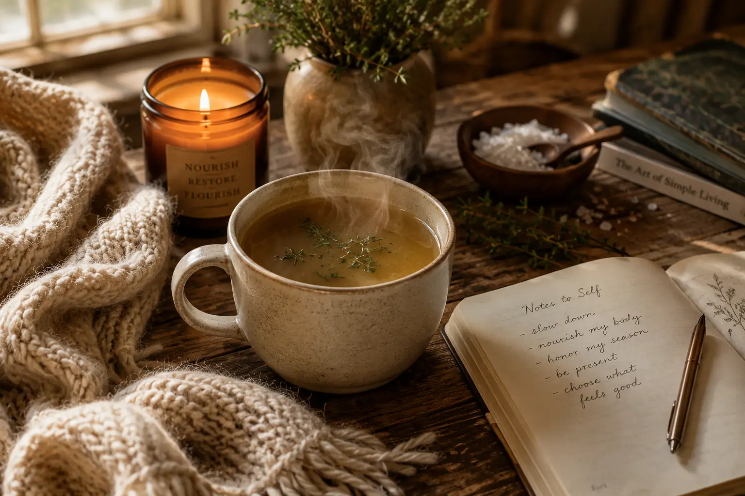 Steaming mug of nourishing bone broth beside a glowing candle, open journal, fresh herbs, and a cozy knit blanket, creating a warm wellness ritual focused on comfort, restoration, and mindful self-care.