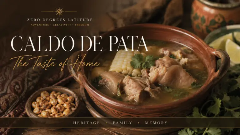 Rustic bowl of Ecuadorian caldo de pata surrounded by traditional ingredients, symbolizing family, heritage, memory, and the flavors of home.