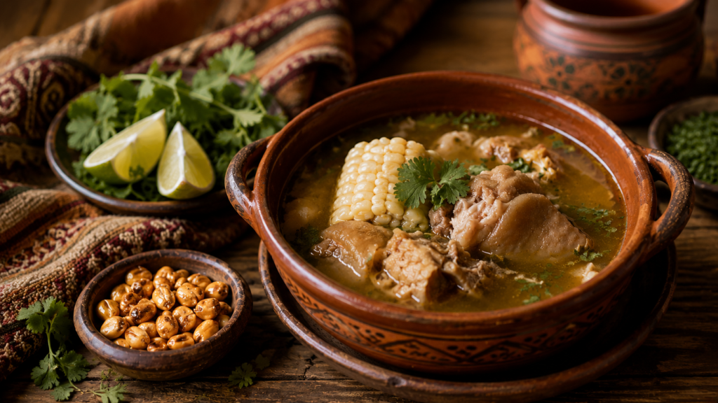 Traditional Ecuadorian caldo de pata served in handcrafted pottery alongside fresh herbs and local ingredients, symbolizing heritage, memory, family, and the enduring connection between food and home.
