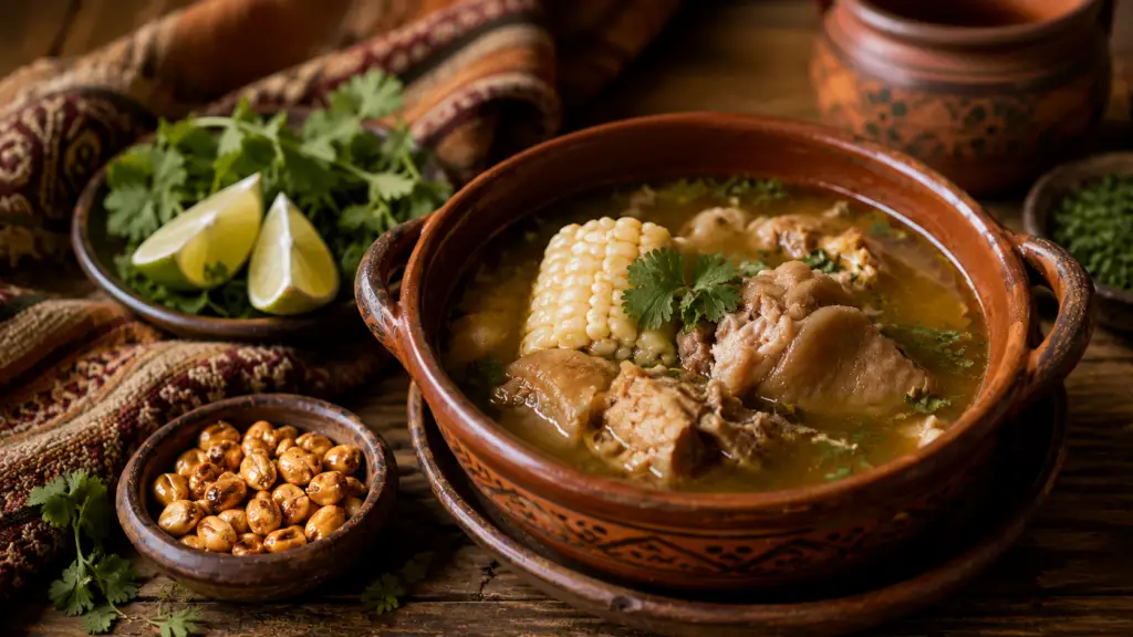 Traditional Ecuadorian caldo de pata served in handcrafted pottery alongside fresh herbs and local ingredients, symbolizing heritage, memory, family, and the enduring connection between food and home.