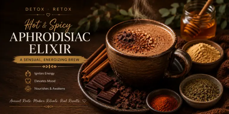Rich maca choca mate latte surrounded by dark chocolate, honey, yerba mate, cinnamon, and warming spices in a moody Detox Retox design celebrating energy, vitality, and ritual.