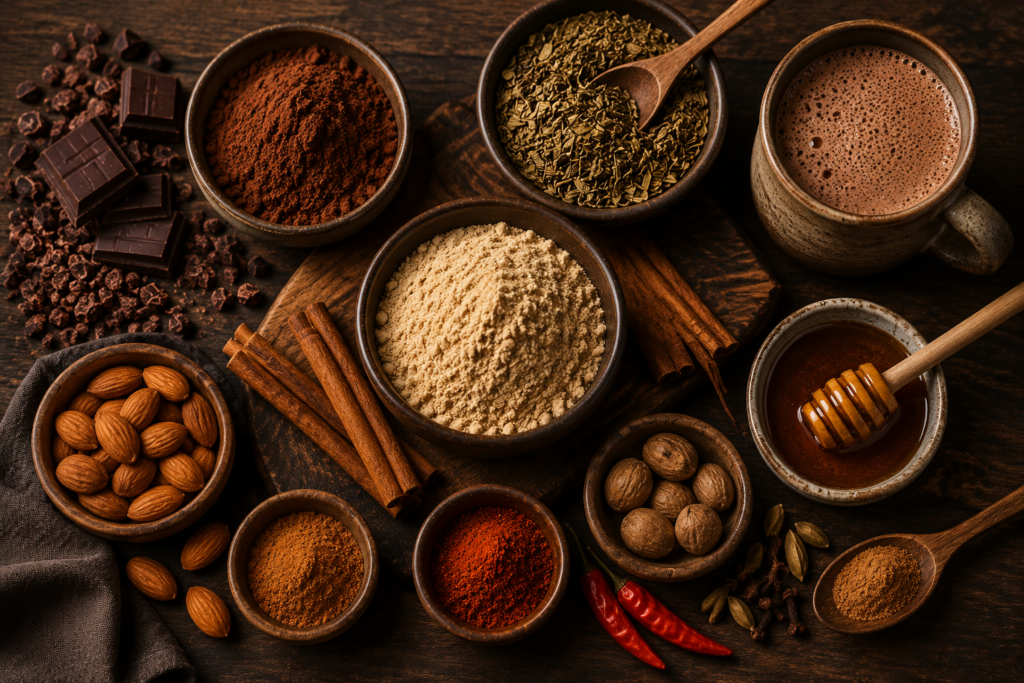 Maca powder, cacao, yerba mate, almonds, honey, cinnamon, nutmeg, cayenne, and a prepared maca latte arranged in a rustic flat lay for a hot and spicy aphrodisiac elixir recipe.