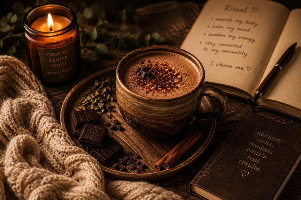 Warm evening wellness ritual with a rich maca choca mate latte, dark chocolate, candlelight, intention journal, and comforting textures celebrating nourishment, vitality, and self-care.