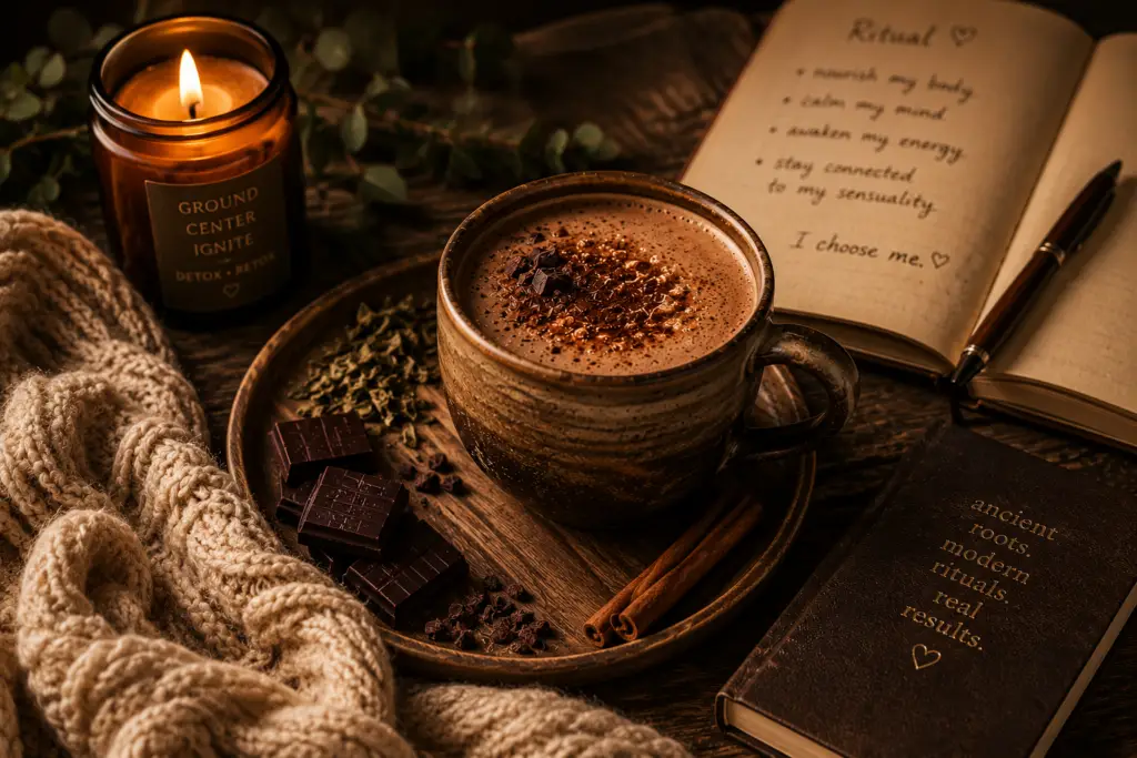 Warm evening wellness ritual with a rich maca choca mate latte, dark chocolate, candlelight, intention journal, and comforting textures celebrating nourishment, vitality, and self-care.
