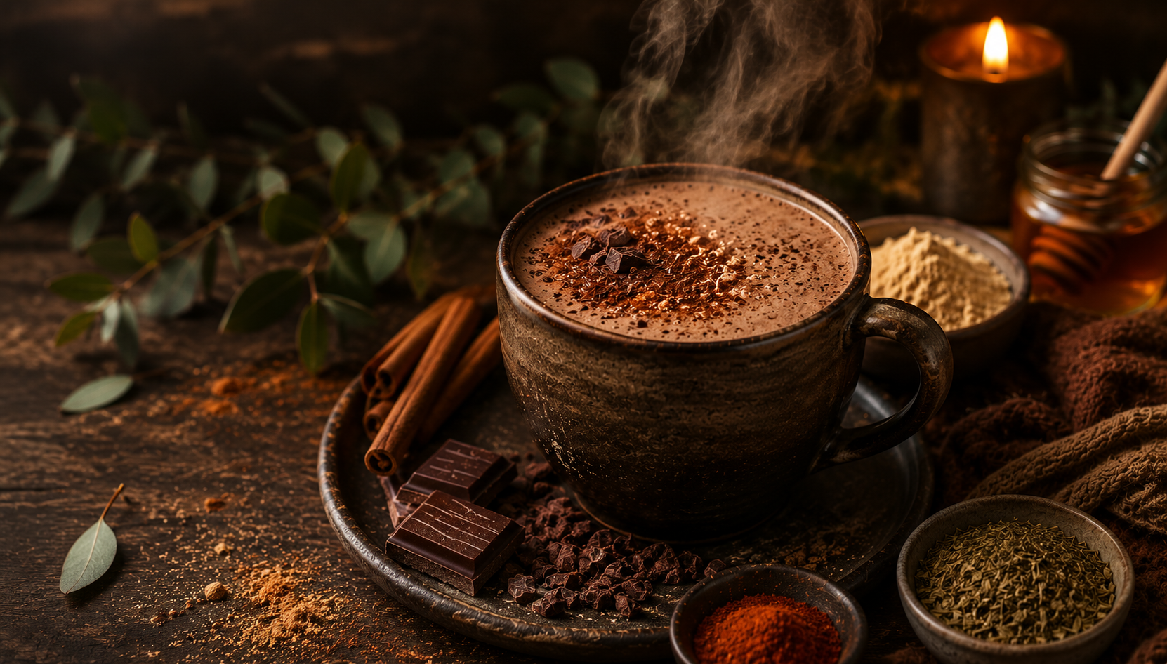 Rich maca choca mate latte Aphrodisiac Elixir with dark chocolate, yerba mate, honey, cinnamon, and warming spices arranged in a moody Detox Retox wellness ritual setting.
