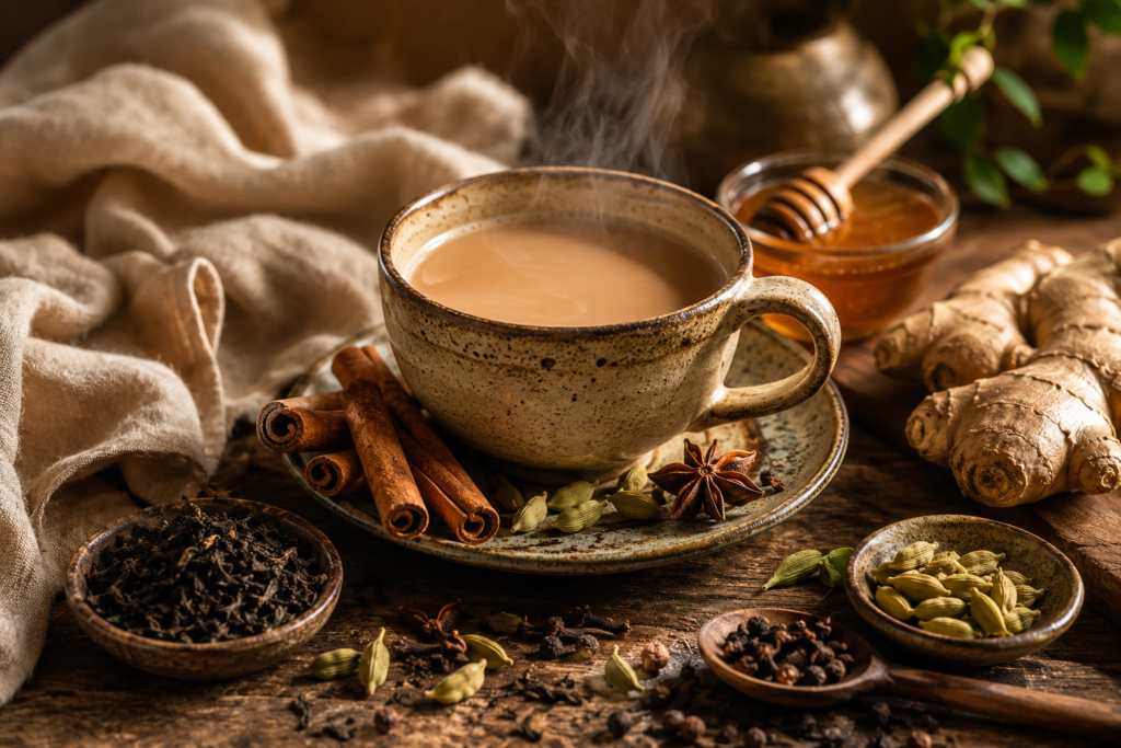 Steaming sensuous homemade chai in a handcrafted ceramic mug with warming spices, honey, ginger, and black tea arranged on a rustic wooden table.
