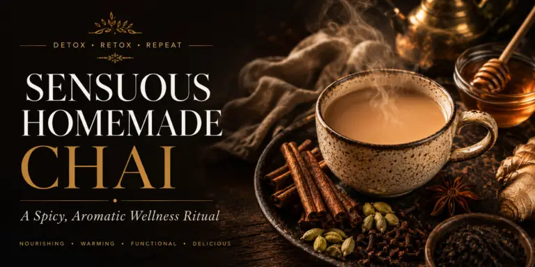 Featured image for Sensuous Homemade Chai showing a steaming cup of homemade chai surrounded by cinnamon sticks, cardamom pods, black tea, ginger, and honey in warm golden light, celebrating a cozy wellness ritual.