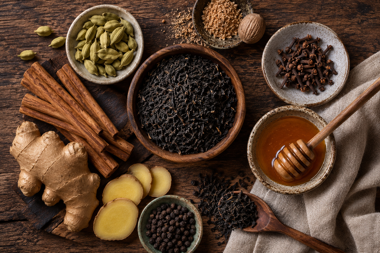 Ingredients for sensuous homemade chai arranged on rustic wood, including black tea, ginger, cinnamon, cardamom, cloves, honey, and warming spices used in a traditional chai recipe.