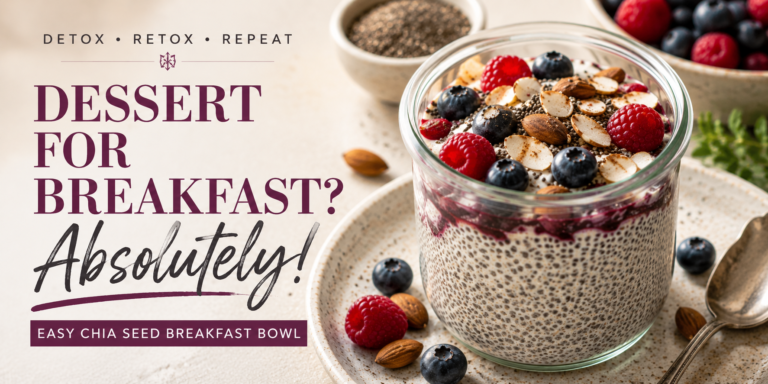 Easy chia seed breakfast bowl with fresh berries, almonds, and chia pudding in a glass jar.