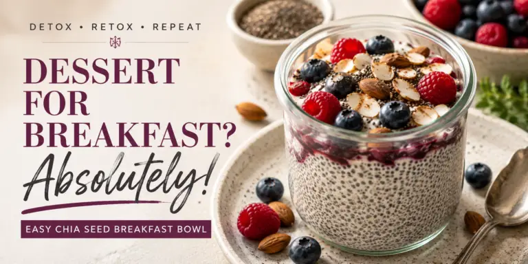 Easy chia seed breakfast bowl with fresh berries, almonds, and chia pudding in a glass jar.