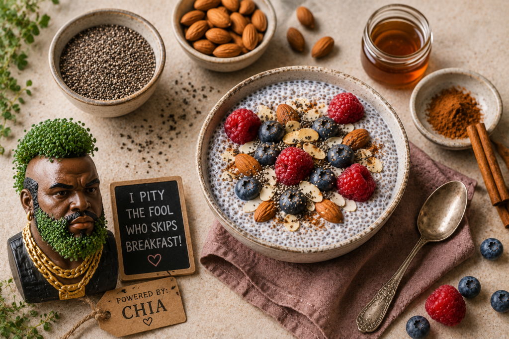 Chia seed breakfast bowl topped with fresh berries and almonds, surrounded by chia seeds, cinnamon, and a humorous chia pet centerpiece in a healthy breakfast flat lay.