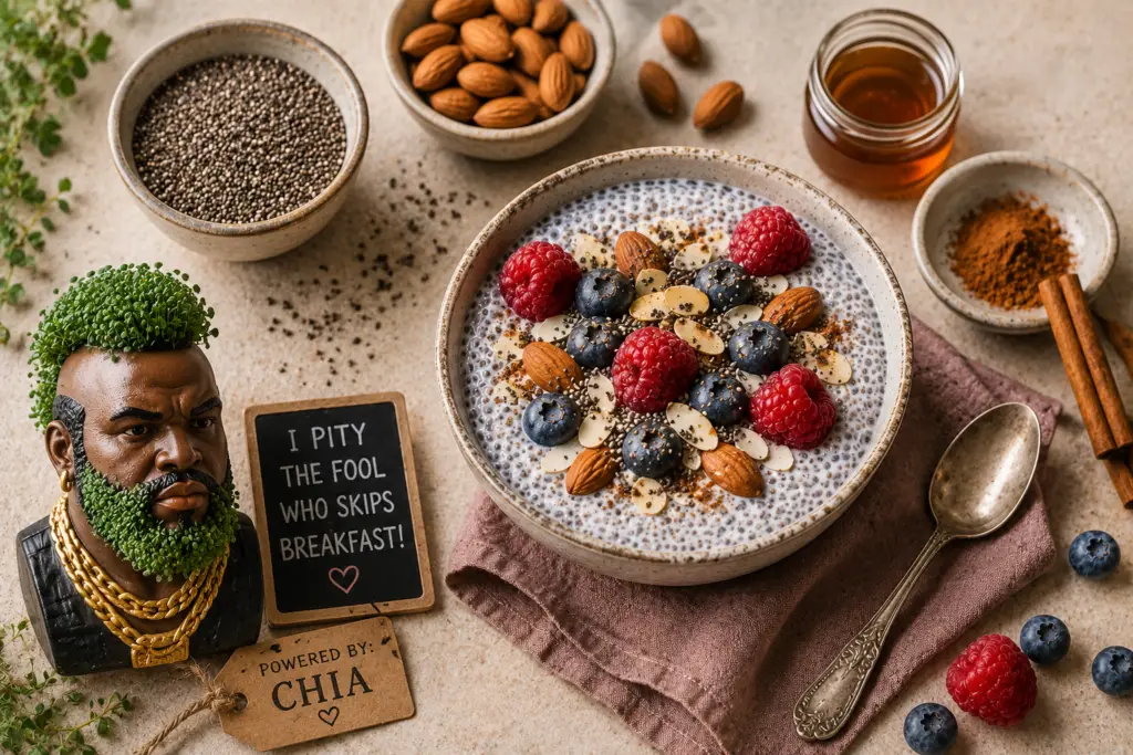 Chia seed breakfast bowl topped with fresh berries and almonds, surrounded by chia seeds, cinnamon, and a humorous chia pet centerpiece in a healthy breakfast flat lay.