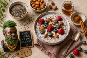 Chia seed breakfast bowl topped with fresh berries and almonds, surrounded by chia seeds, cinnamon, and a humorous chia pet centerpiece in a healthy breakfast flat lay.