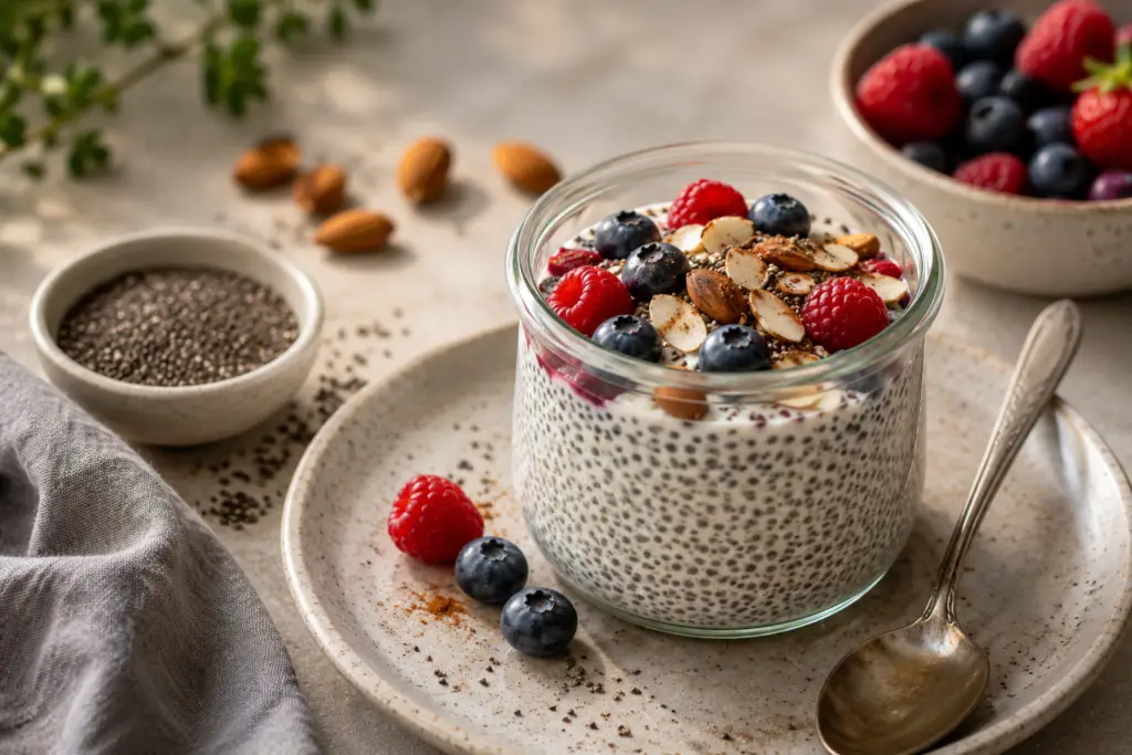 Chia seed breakfast pudding topped with fresh berries, sliced almonds, and cinnamon in a glass jar on a ceramic plate.