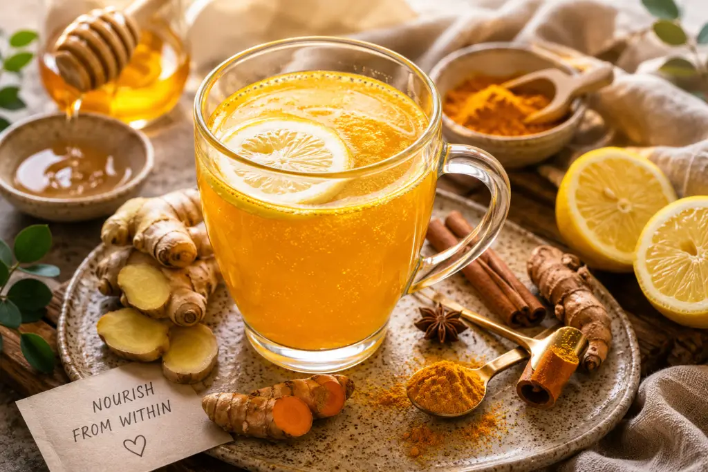 Golden sparkling turmeric tonic in a glass mug surrounded by fresh ginger, turmeric root, lemon, honey, and warming spices on a rustic wooden table.