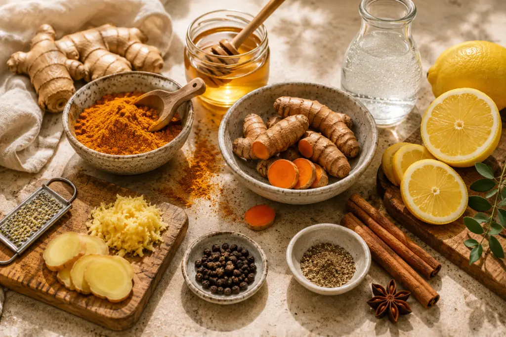 Turmeric tonic ingredients including fresh turmeric, ginger, lemon, honey, sparkling water, cinnamon, and black pepper arranged on a rustic tabletop.