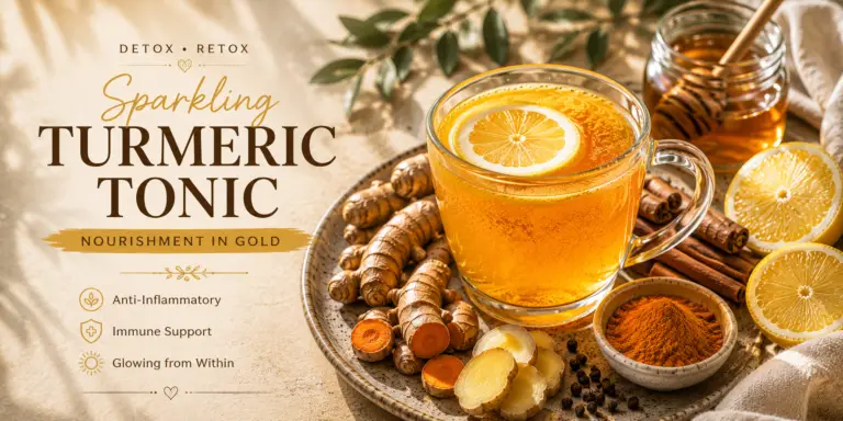 Golden sparkling turmeric tonic with fresh turmeric root, ginger, lemon, honey, and cinnamon presented in a warm Detox Retox wellness-inspired design celebrating nourishment and natural vitality.