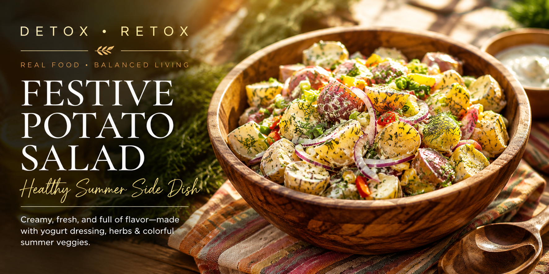 Colorful festive potato salad with fresh herbs, red onion, bell peppers, and creamy yogurt dressing served in a rustic wooden bowl for a healthy summer side dish.