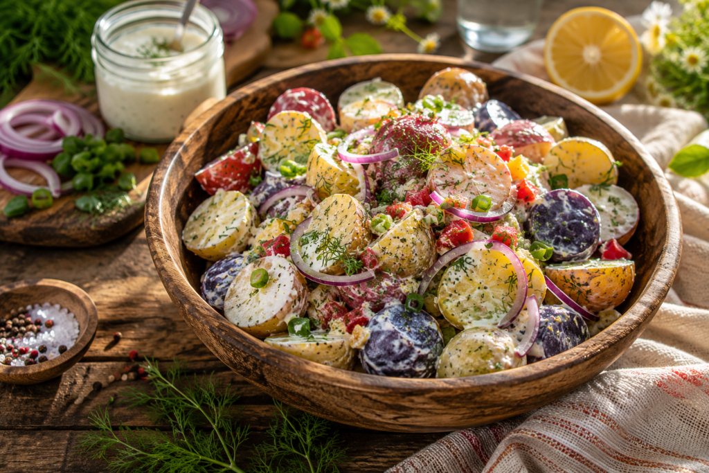Festive potato salad made with colorful baby potatoes, fresh dill, red onion, herbs, and creamy yogurt dressing served in a rustic wooden bowl on a summer picnic table.