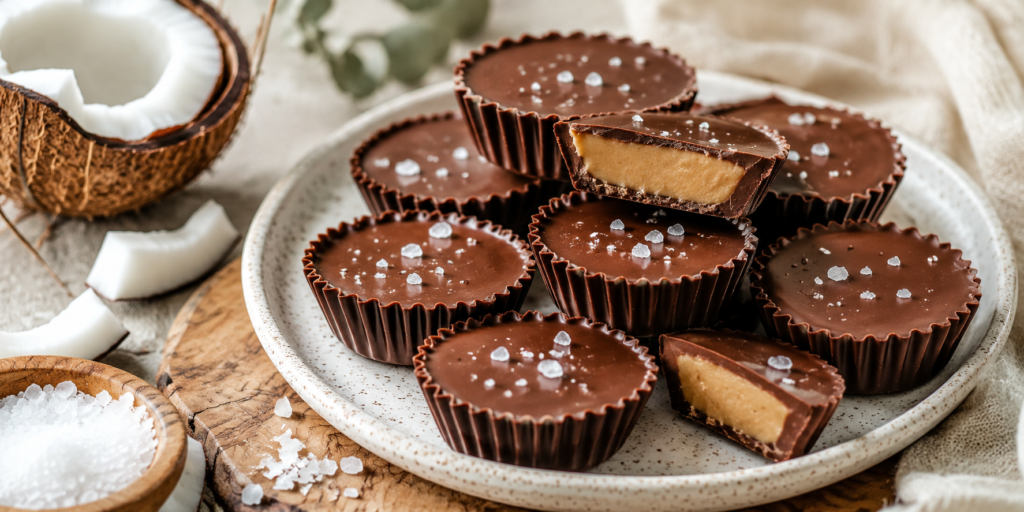 Homemade Keto Kups fat bombs topped with sea salt and arranged on a ceramic plate with coconut and natural ingredients.