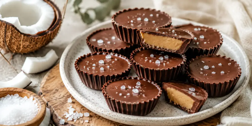 Homemade Keto Kups fat bombs topped with sea salt and arranged on a ceramic plate with coconut and natural ingredients.