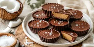 Homemade Keto Kups fat bombs topped with sea salt and arranged on a ceramic plate with coconut and natural ingredients.