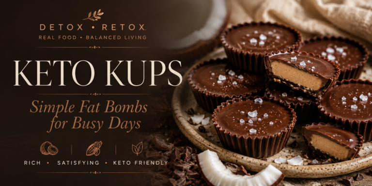 Keto Kups featured image showcasing homemade chocolate fat bombs topped with sea salt and coconut, part of the Detox Retox wellness recipe collection by Melodia Designs.