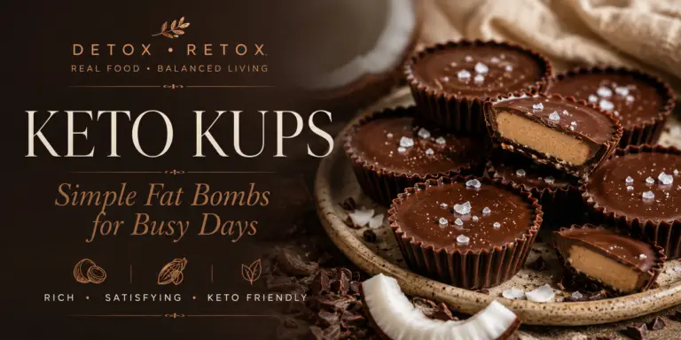 Keto Kups featured image showcasing homemade chocolate fat bombs topped with sea salt and coconut, part of the Detox Retox wellness recipe collection by Melodia Designs.
