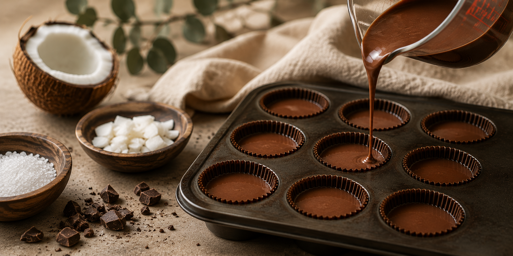 Preparing homemade Keto Kups by pouring rich chocolate into muffin liners, surrounded by coconut and simple ingredients for an easy low-carb treat.